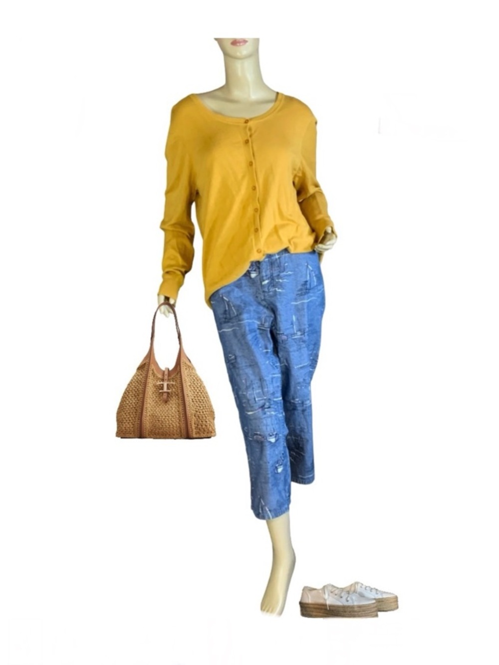 SHARAGANO MUSTARD YELLOW KNIT V NECK CARDIGAN (XL)
